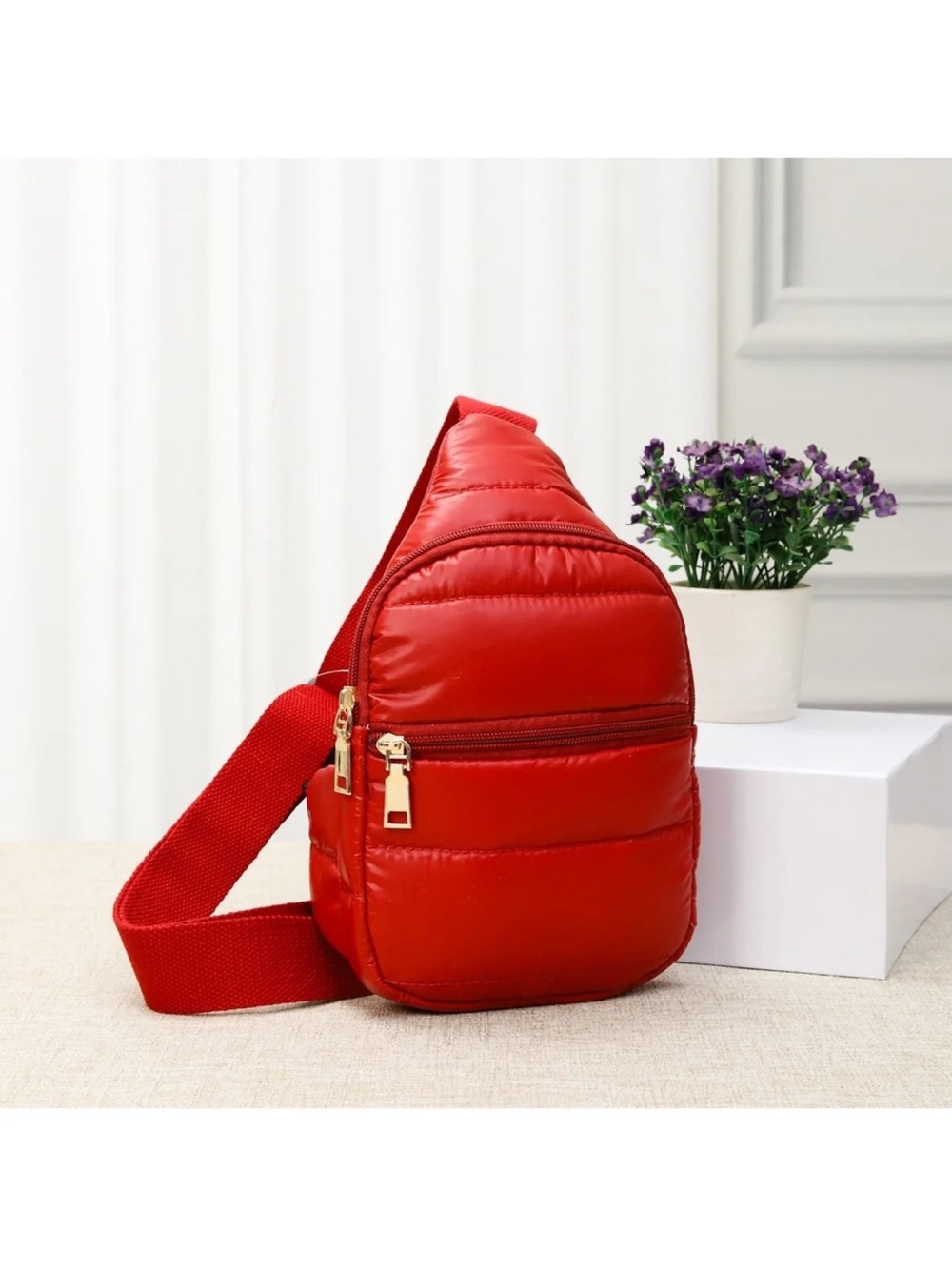Compact Quilted Red Crossbody Sling with Gold Hardware